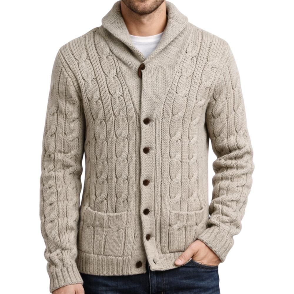 VTG Polo Ralph Lauren Cable Knit Cardigan 80s Shawl Pocket 100% Wool Cream 40 L